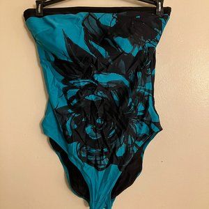 Gottex strapless bandeau swimsuit; green & black; size 14